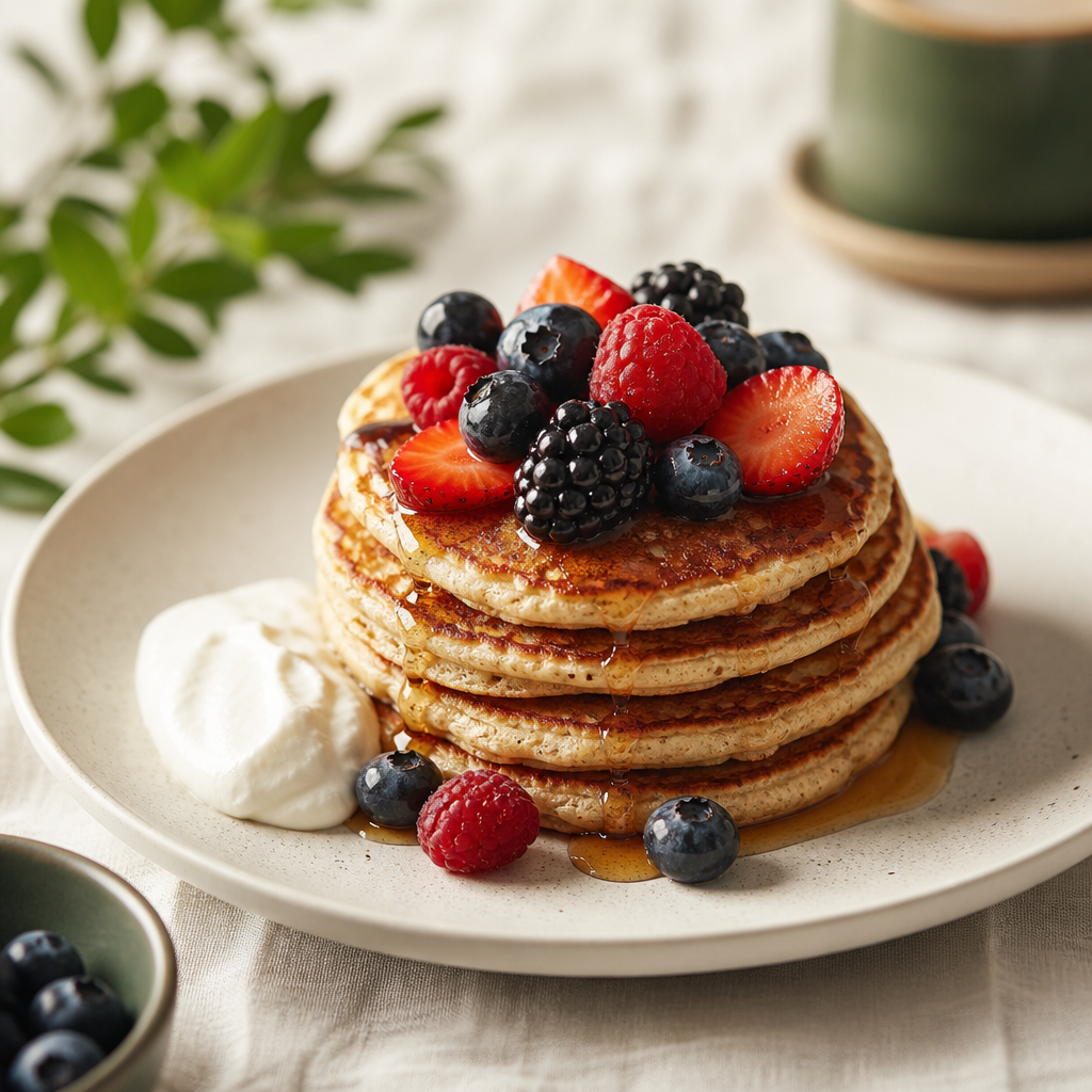 Stack of high-protein pancakes with fresh berries